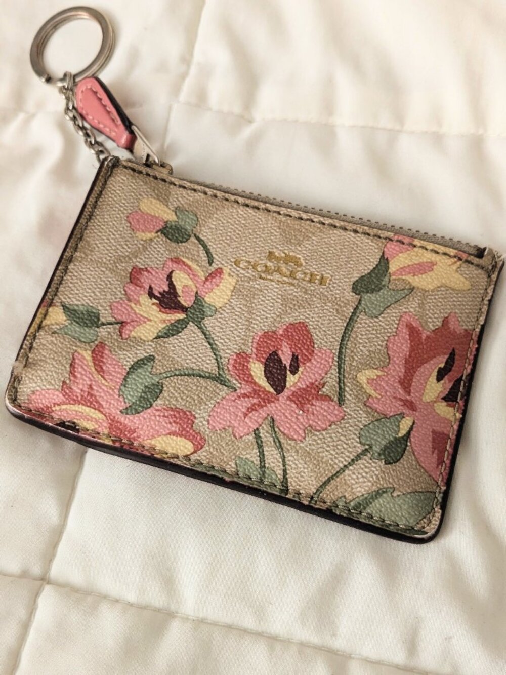 Coach Mini Skinny ID Card Case Key Coin Purse Lily Print Khaki Signature Canvas - Picture 2 of 5
